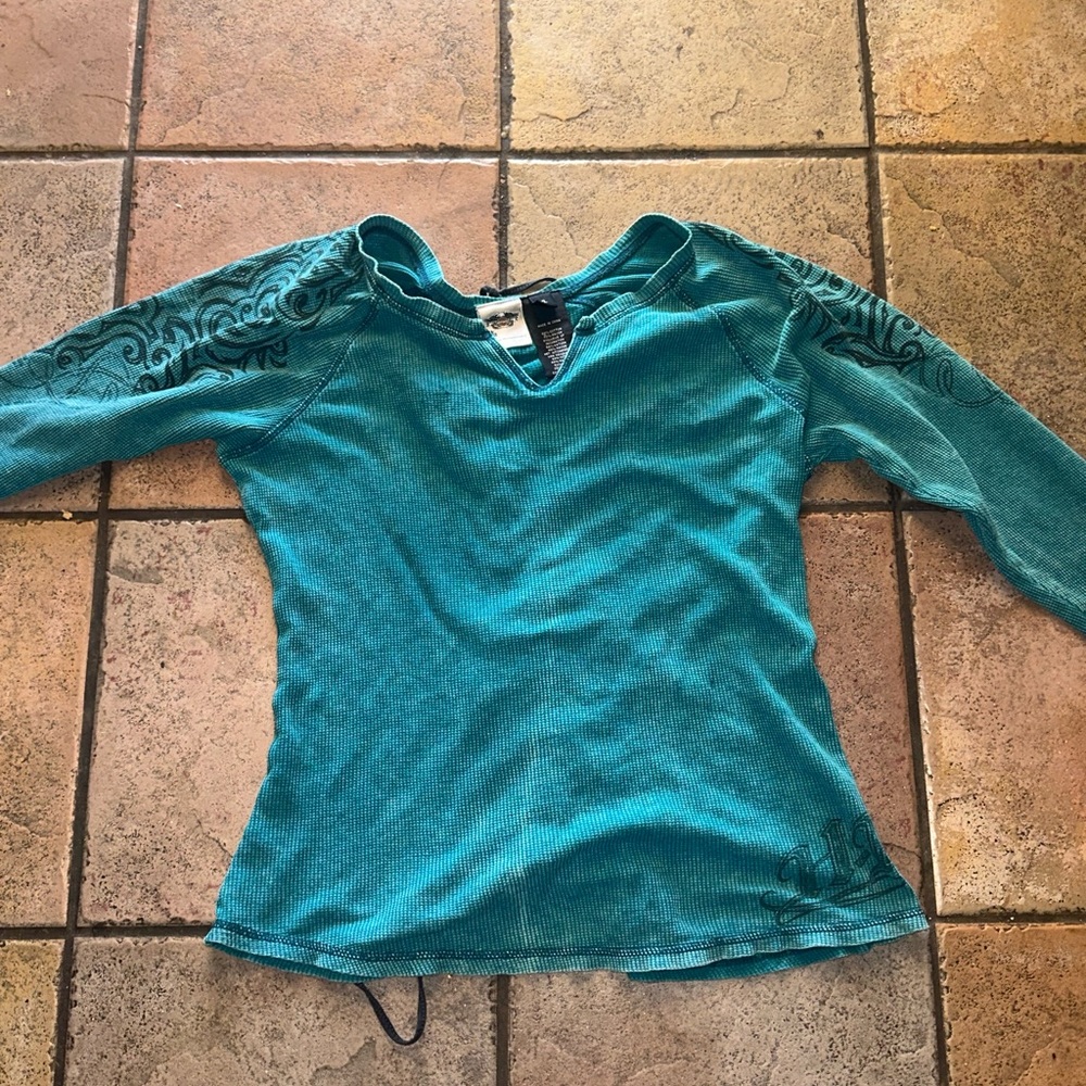 Harley-Davidson Green Embellished Fitted 3/4 Sleeve Blouse